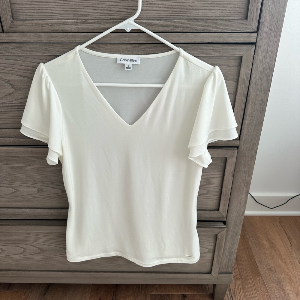 Calvin Klein Ivory V Neck Flutter Sleeve Blouse